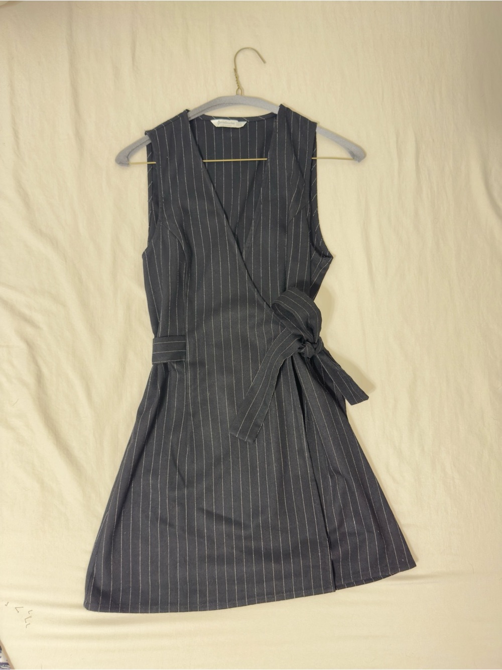 Sleeveless Black Pinstripe Wrap Dress with Side Tie